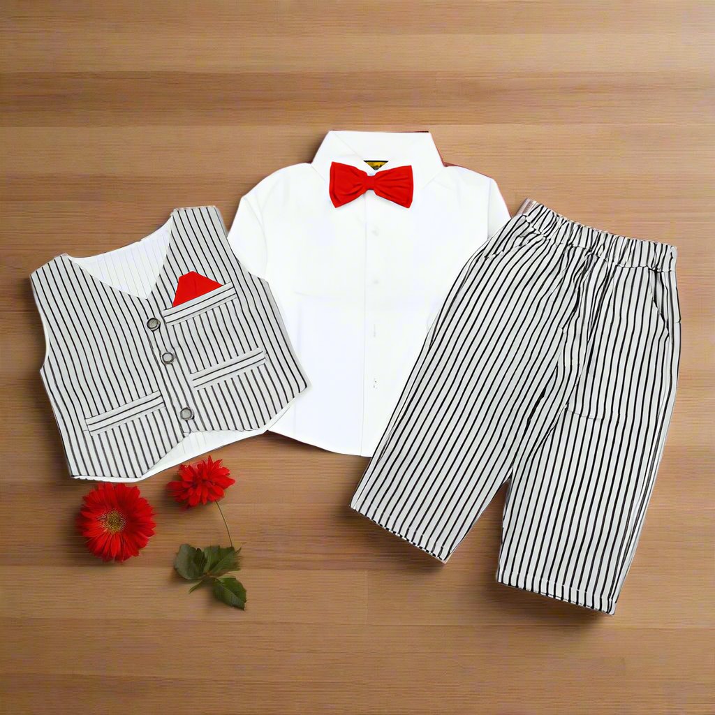 3 Piece Stripes Shirt Pants Waistcoat Party Wedding Dress