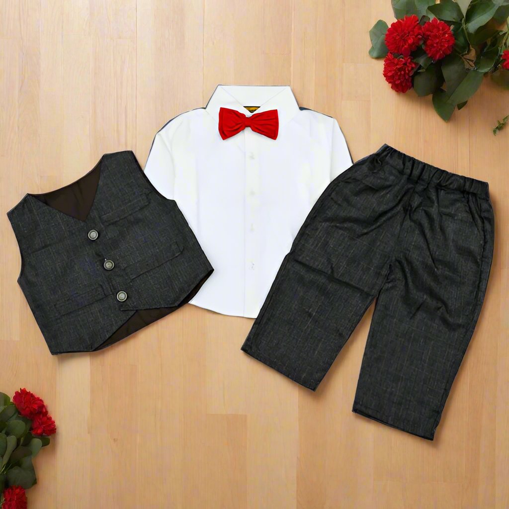 3 Piece Self Checkered Shirt Pants Waistcoat Dress