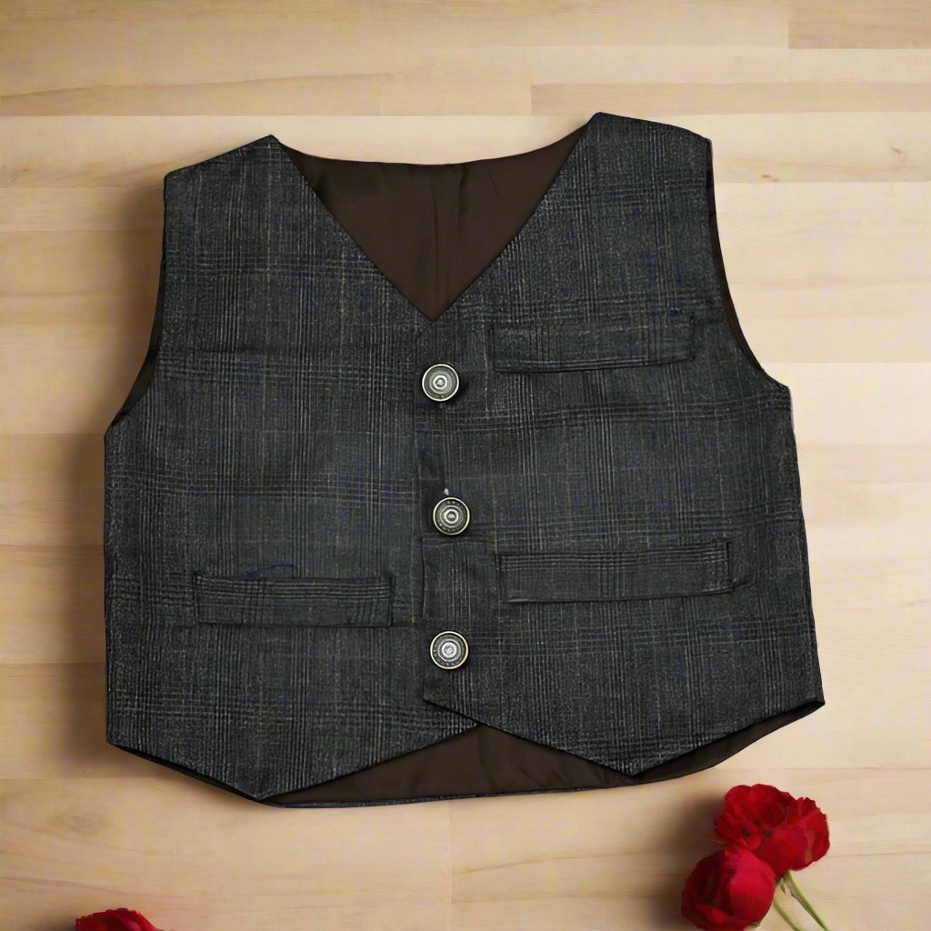 3 Piece Self Checkered Shirt Pants Waistcoat Dress