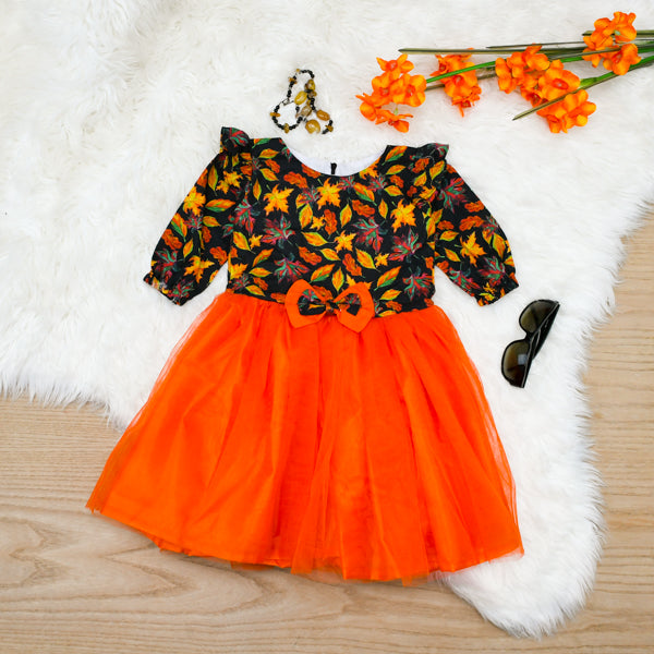 Orange Leafy Printed Long Elasticated Sleeves Splicing Mesh Frock