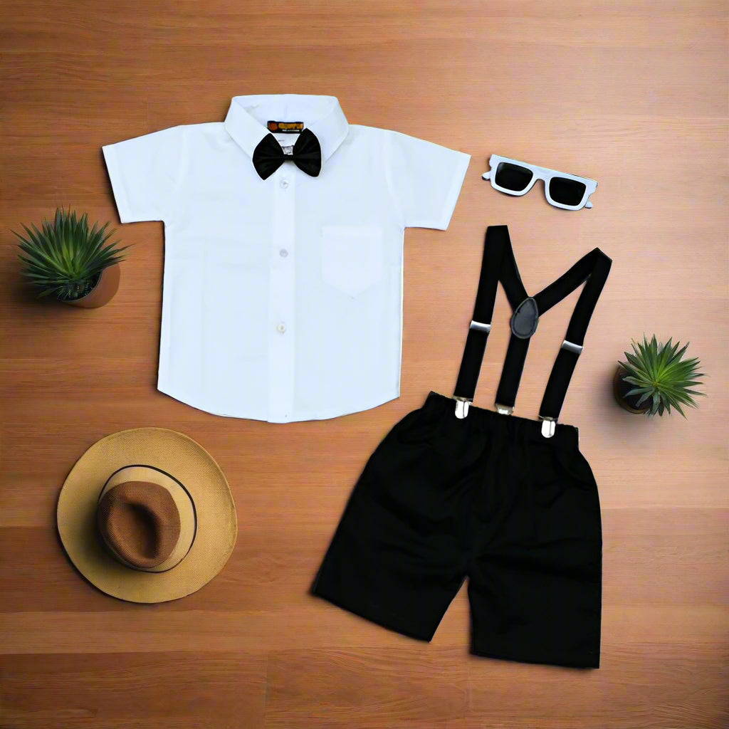 Baby Boy Toddler Boy Bowtie Shirt  Contrast Shorts & Suspender Set – Stylish Outfit for Special Occasions