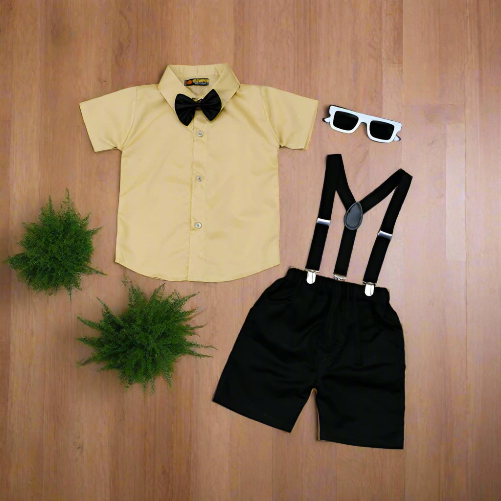 Baby Boy Toddler Boy Bowtie Shirt  Contrast Shorts & Suspender Set – Stylish Outfit for Special Occasions