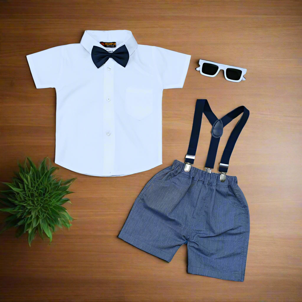 Baby Boy Toddler Boy Shirt Bowtie Shirt Denim Short & Suspender Set – Stylish Outfit for Special Occasions