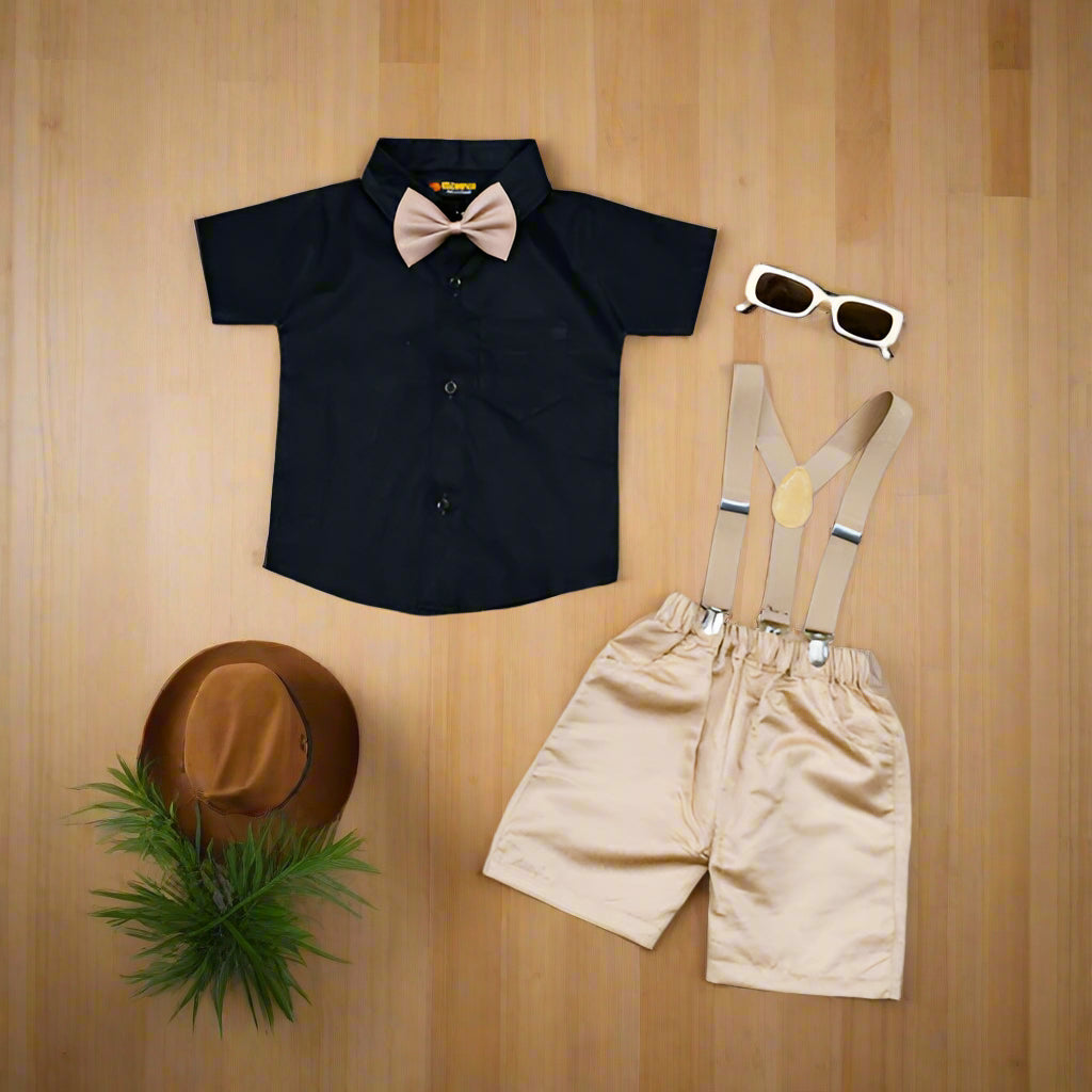 Baby Boy Toddler Boy Shirt Bowtie Shirt Contrast Short & Suspender Set – Stylish Outfit for Special Occasions