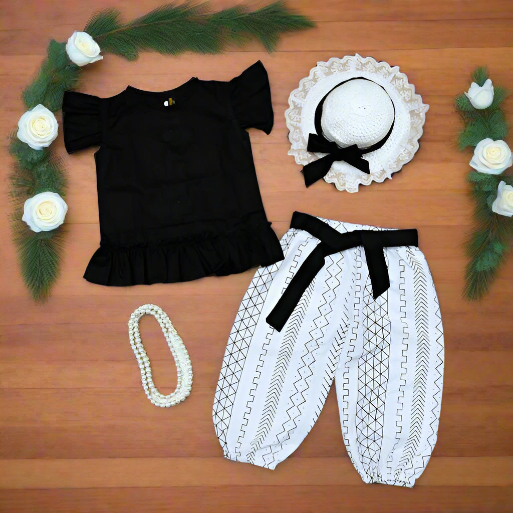 Chic Frilled Sleeves Top & Contrast Cross-Pattern Belted Pants Set with Summer Hat - Perfect for Casual Outings & Events