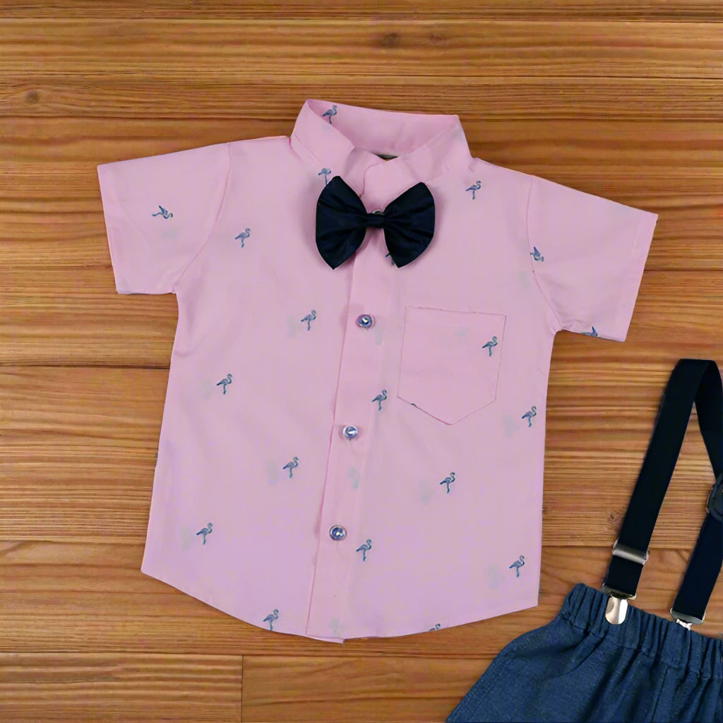 Baby Boy Toddler Boy Swan Print Bowtie Shirt Shorts & Suspender Set – Stylish Outfit for Special Occasions