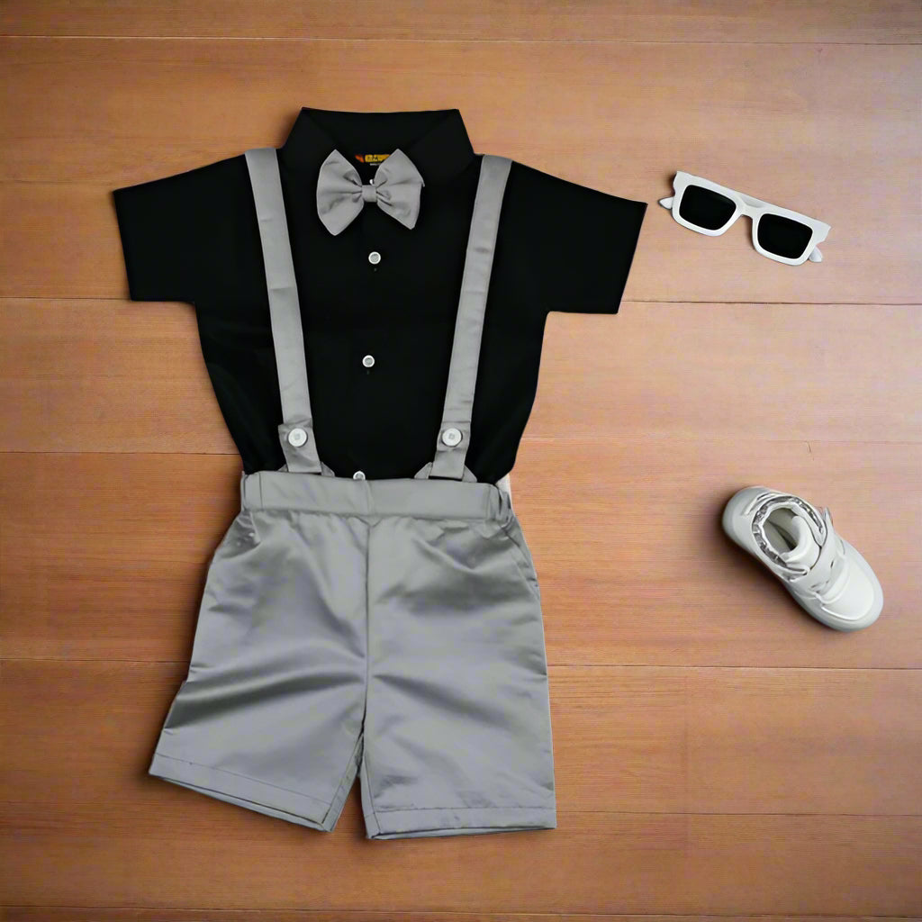 Baby Boy Toddler Boy Contrast Colors Bowtie Shirt Shorts & Suspender Set – Stylish Outfit for Special Occasions