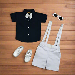 Baby Boy Toddler Boy Contrast Colors Bowtie Shirt Shorts & Suspender Set – Stylish Outfit for Special Occasions