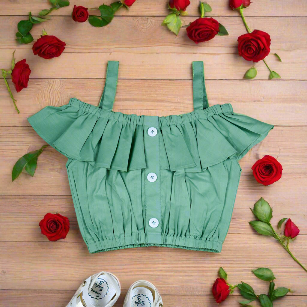 Toddler Girls Off-Shoulder Ruffle Top with High-Waisted Belted Shorts & Matching Bow Headband – 3-Piece Summer Outfit (3 Months to 4 Years)