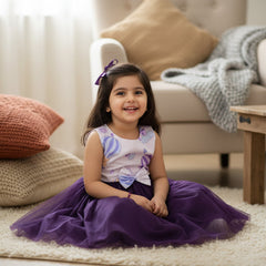 Children's dress with purple tulle skirt and colorful top frock