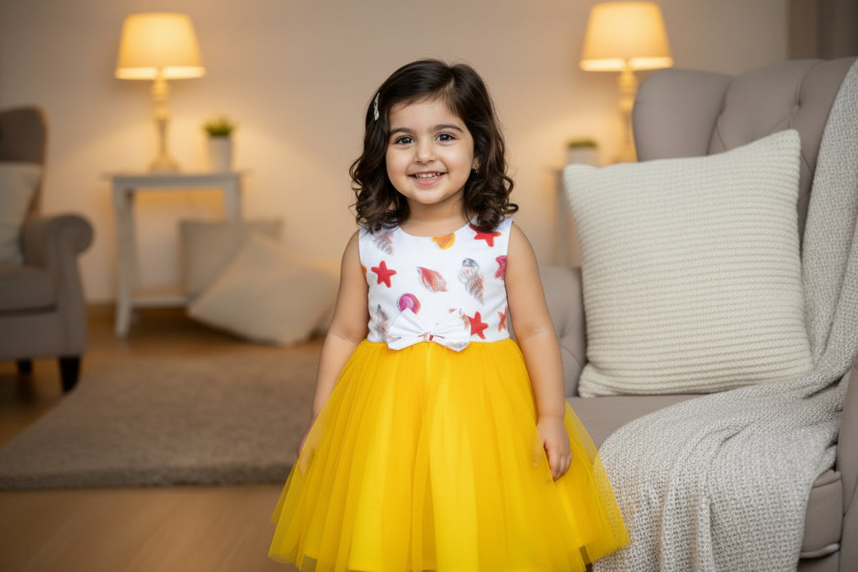 Yellow dress with a white top featuring colorful patterns.
