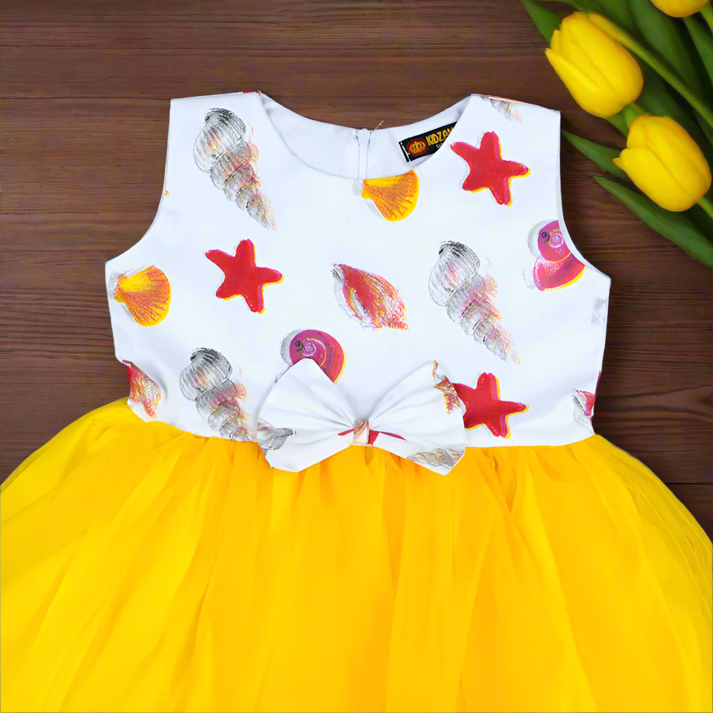 Sea Shells Sleeveless Cotton Mesh Tutu Dress with Bow – Toddler & Girls Casual Wear Party Frock