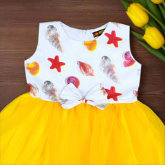 Sea Shells Sleeveless Cotton Mesh Tutu Dress with Bow – Toddler & Girls Casual Wear Party Frock