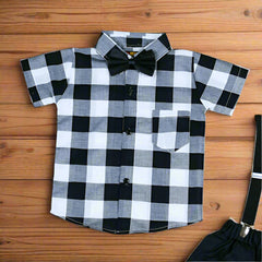 Baby Boy Toddler Boy Check Pattern Bowtie Shirt Shorts & Suspender Set – Stylish Outfit for Special Occasions