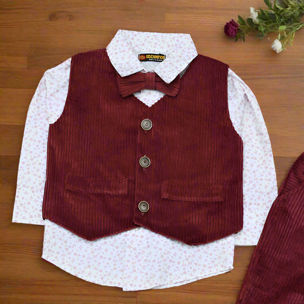 Baby & Toddler Burgundy Corduroy Formal Set – 4-Piece Outfit with Shirt, Vest & Pants (3M–4Y)