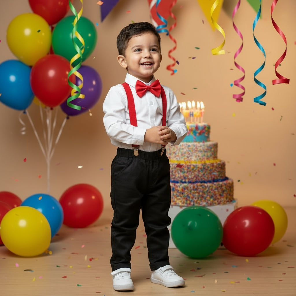 White shirt with red bow tie, black pants with suspenders