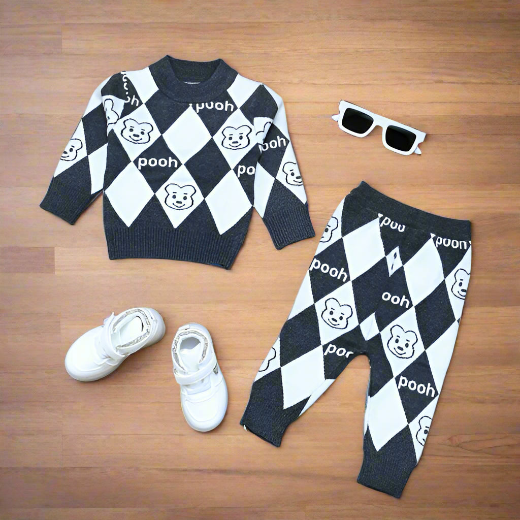 Cozy Bear Knit Baby Boy Baby Girl Outfit Set – Argyle Pattern Sweater & Pants