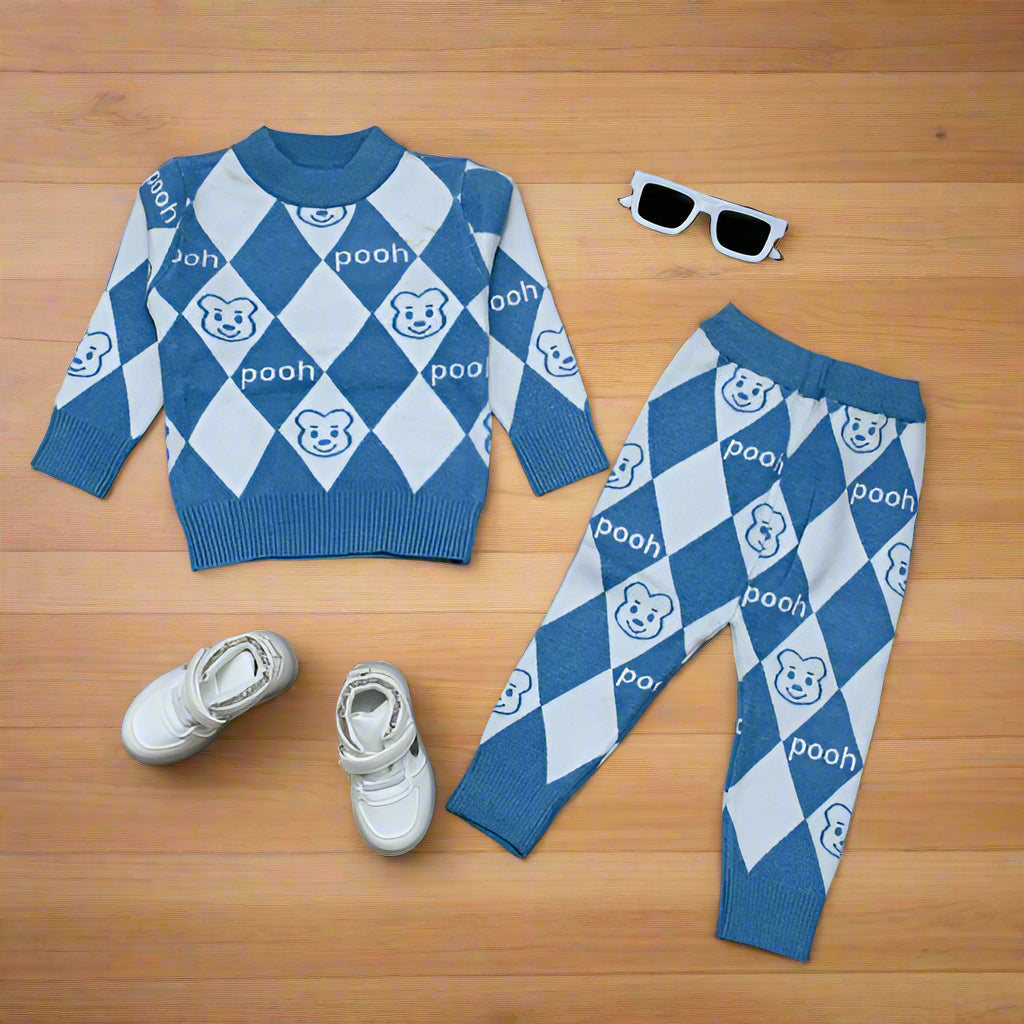 Cozy Bear Knit Baby Boy Baby Girl Outfit Set – Argyle Pattern Sweater & Pants