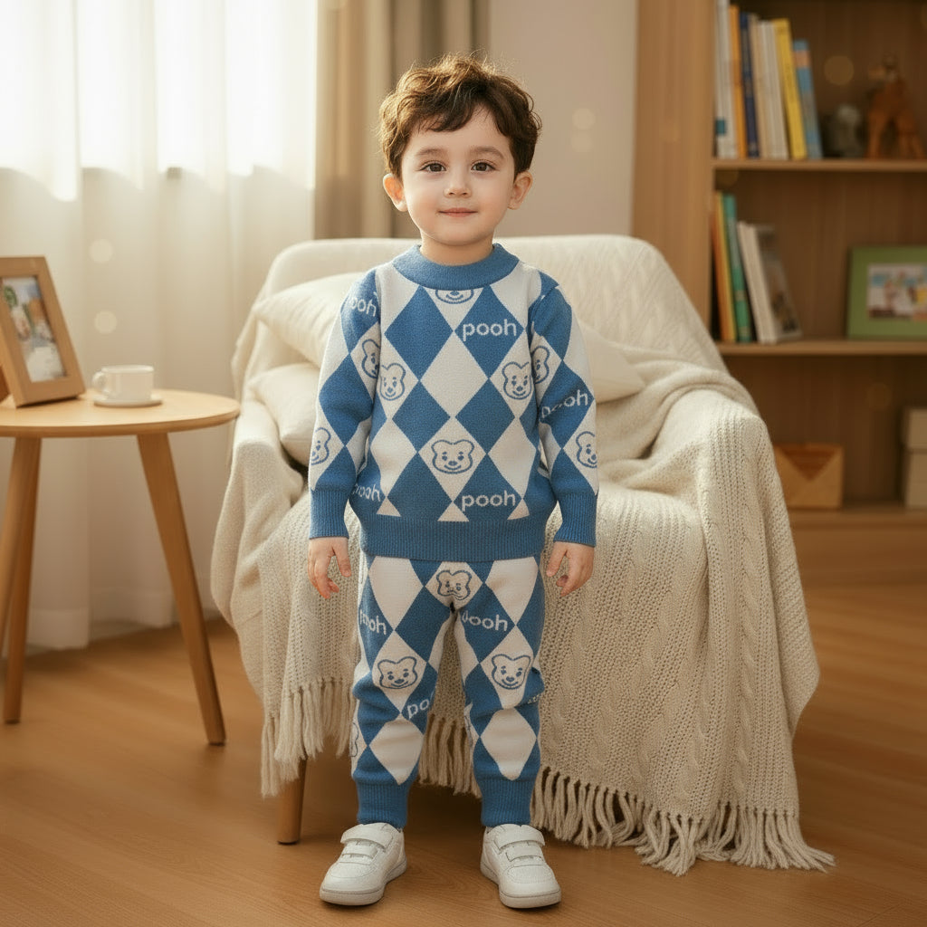 Children's blue and white argyle sweater and pants set with 'pooh'