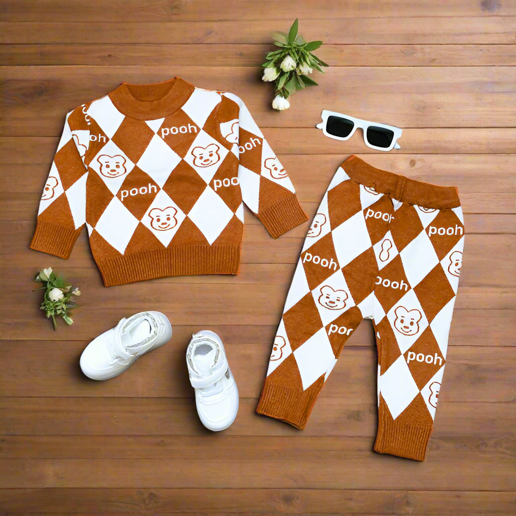 Cozy Bear Knit Baby Boy Baby Girl Outfit Set – Argyle Pattern Sweater & Pants