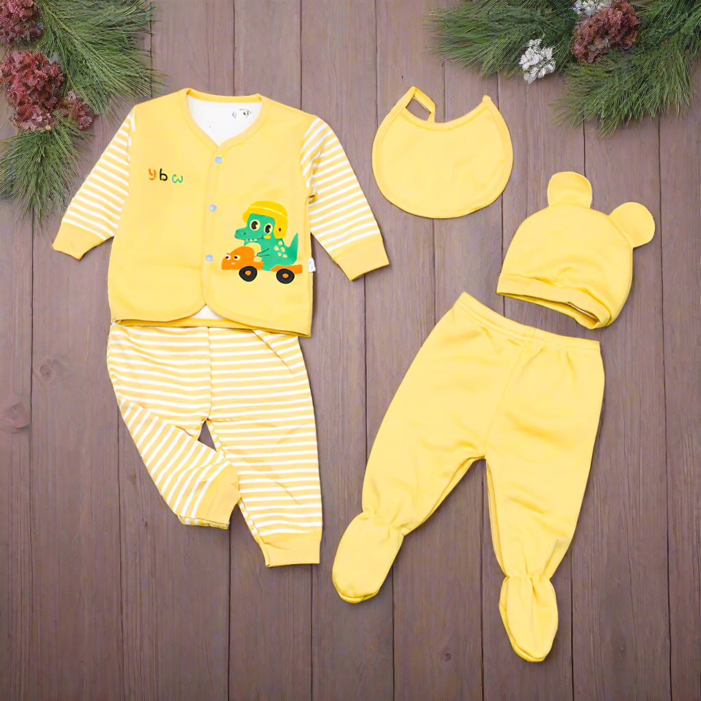 5-Piece Baby Clothing Set – Cartoon Car Print | Newborn Outfit with Hat, Bib, Top, and Pants