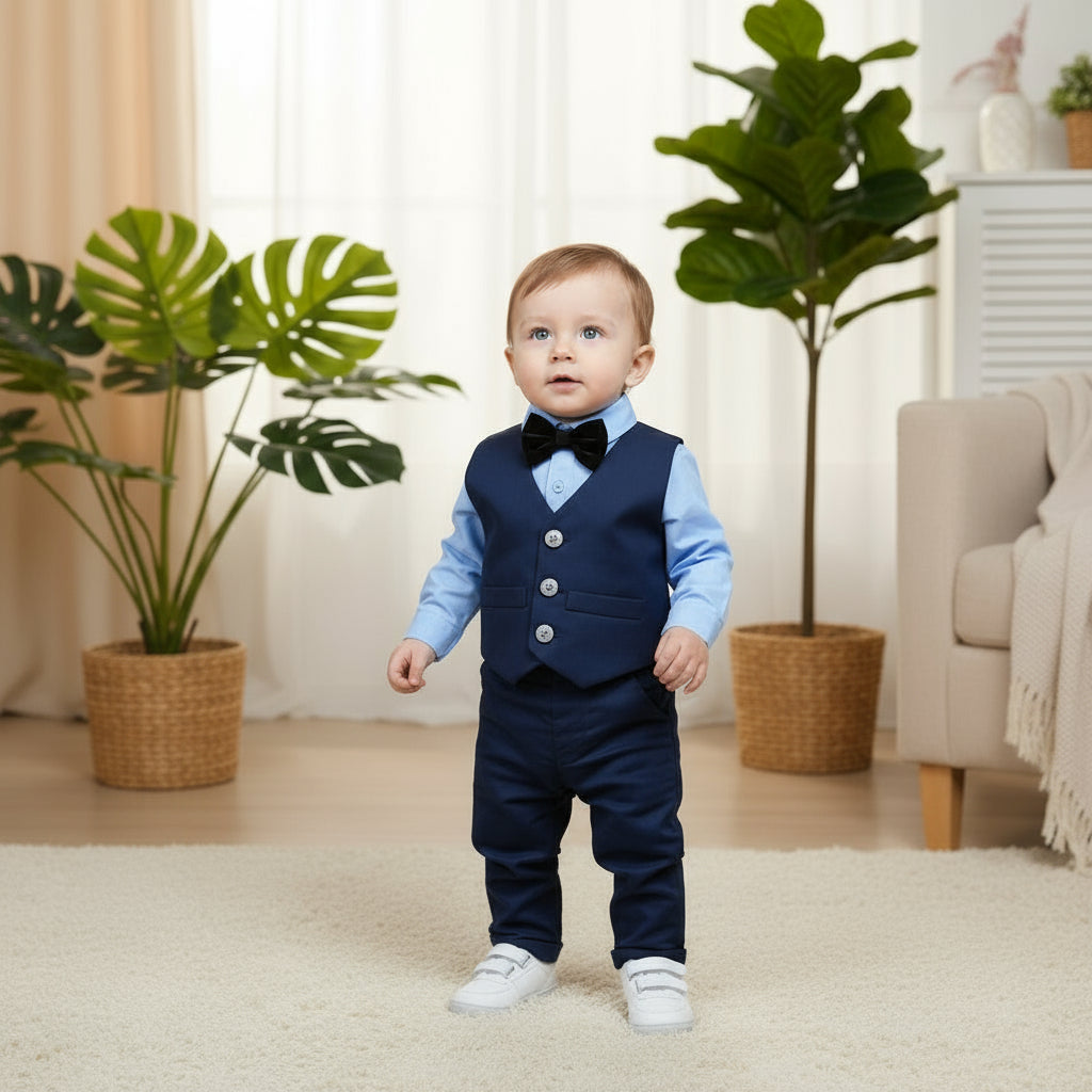 Children's formal outfit with blue shirt, navy pants, vest, shoes, and bow tie on a wooden surface.