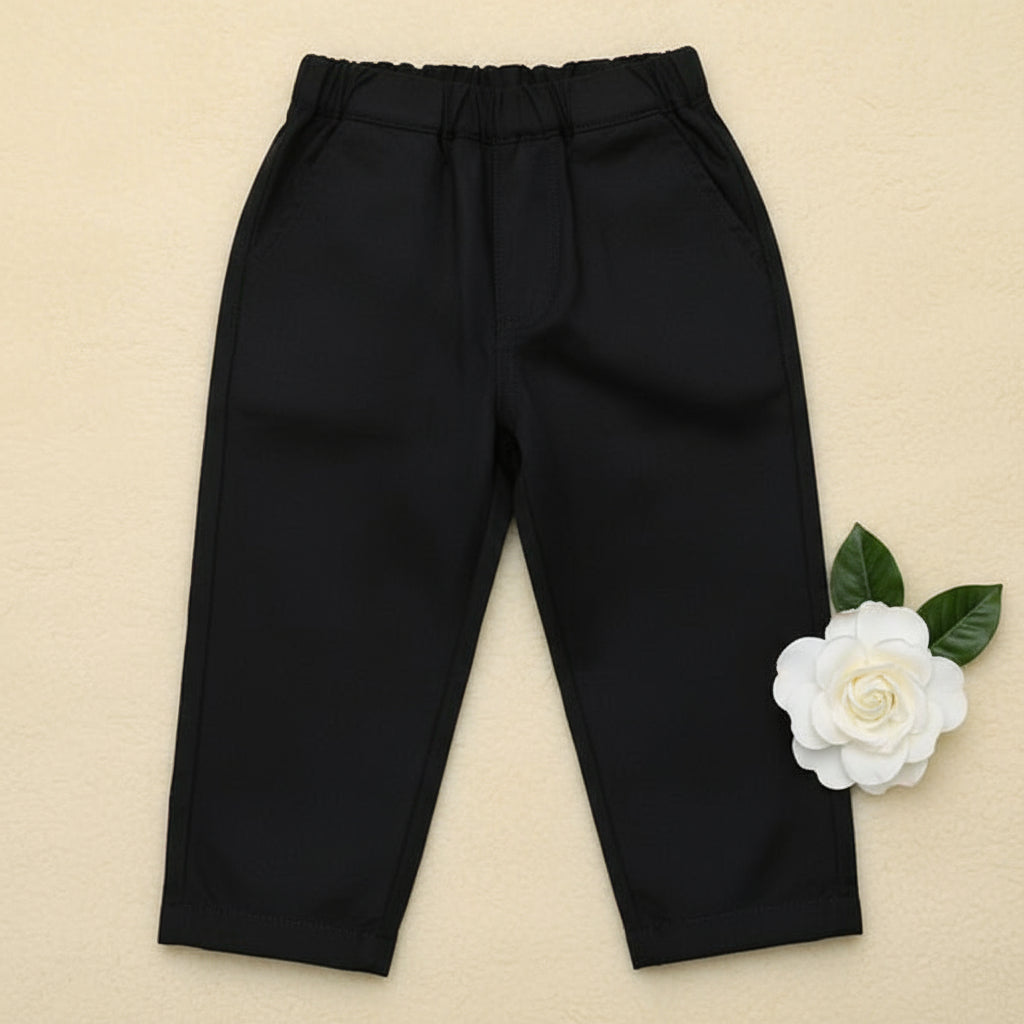 Navy blue pants on a wooden surface
