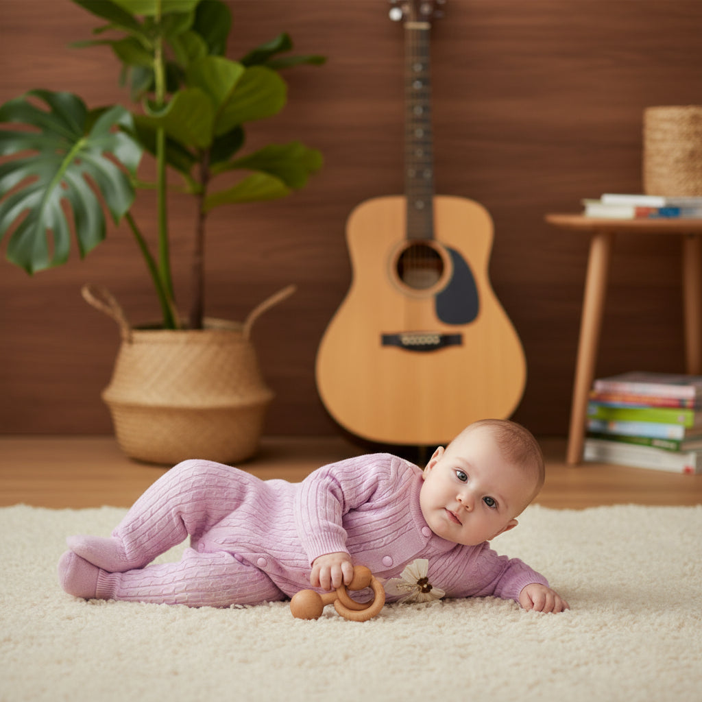 Purple baby outfit with a floral bow on a wooden surface