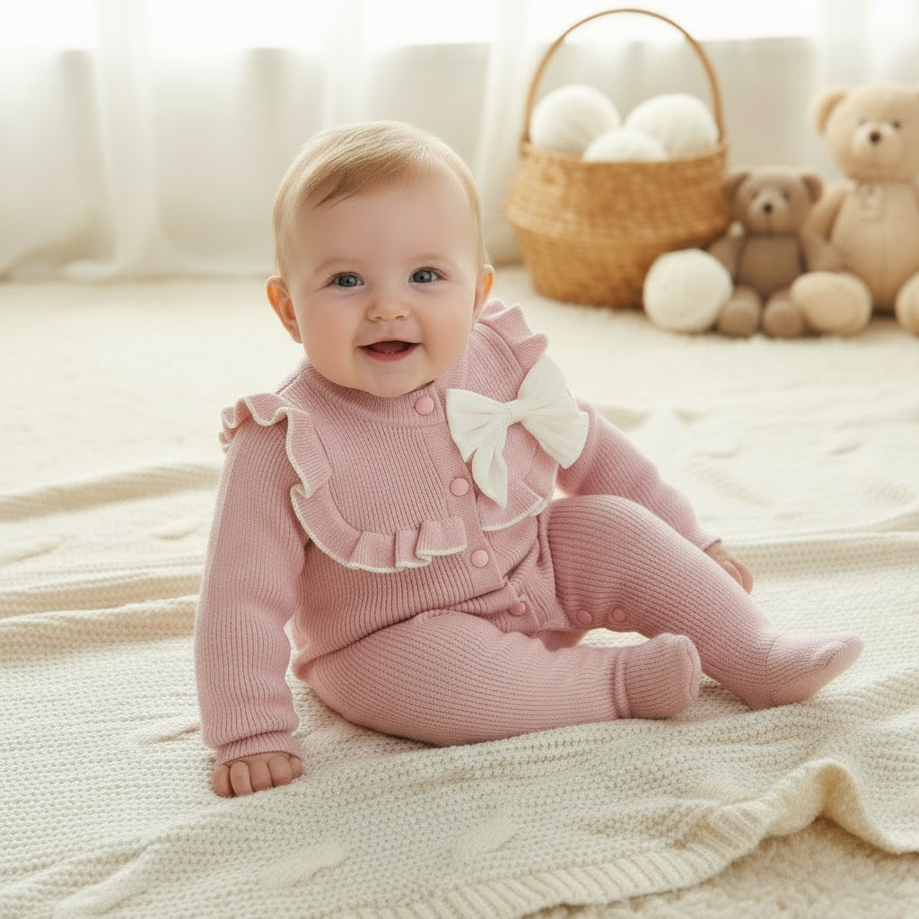 Pink baby romper with a white bow on a wooden surface