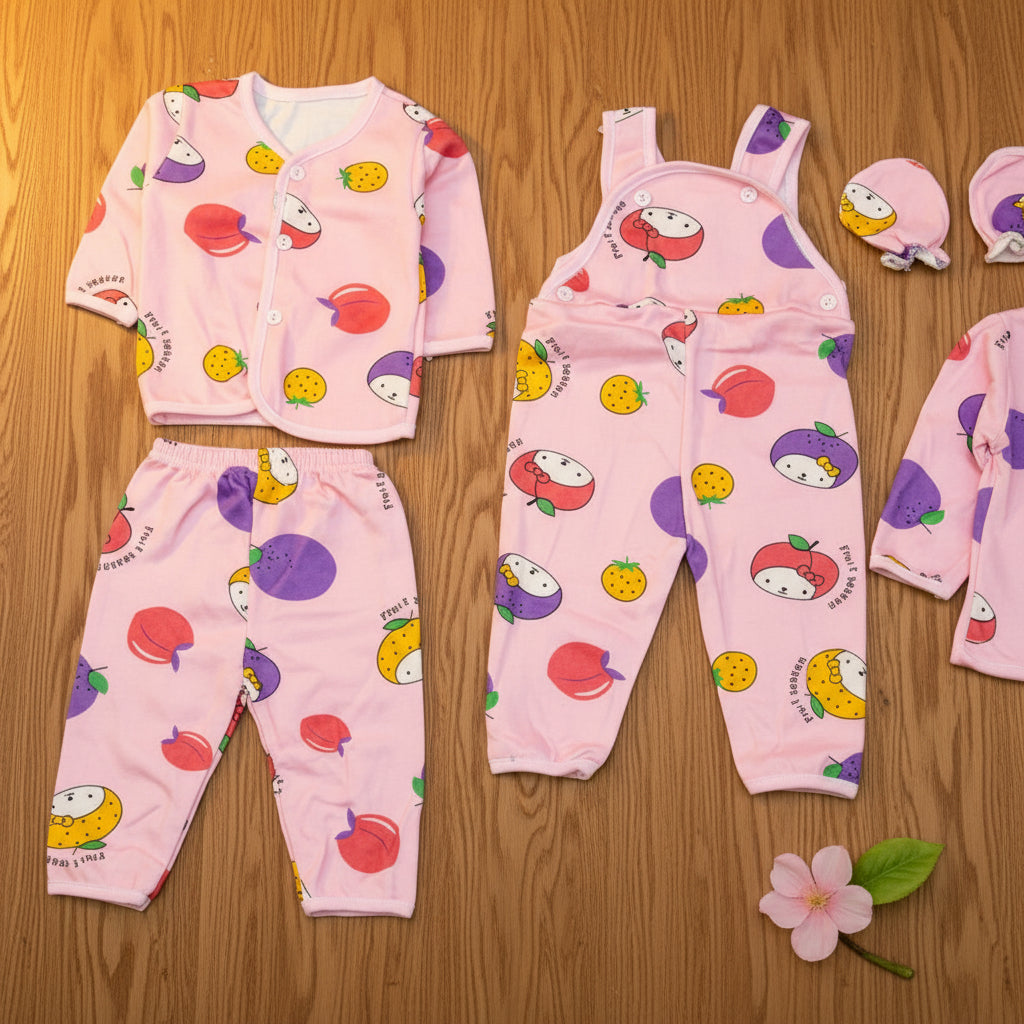 Baby clothing set with pink and multicolor patterns on a wooden surface