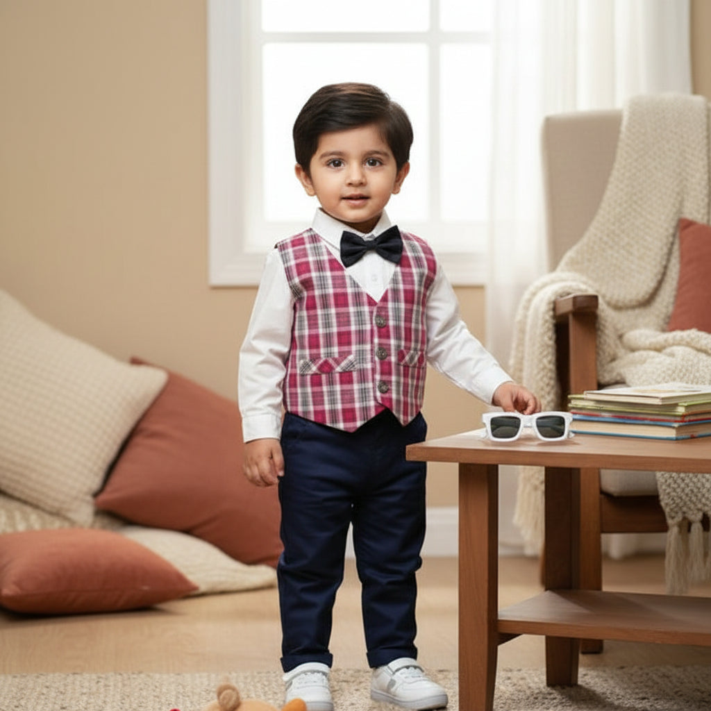 Children's clothing set with shirt, pants, vest.
