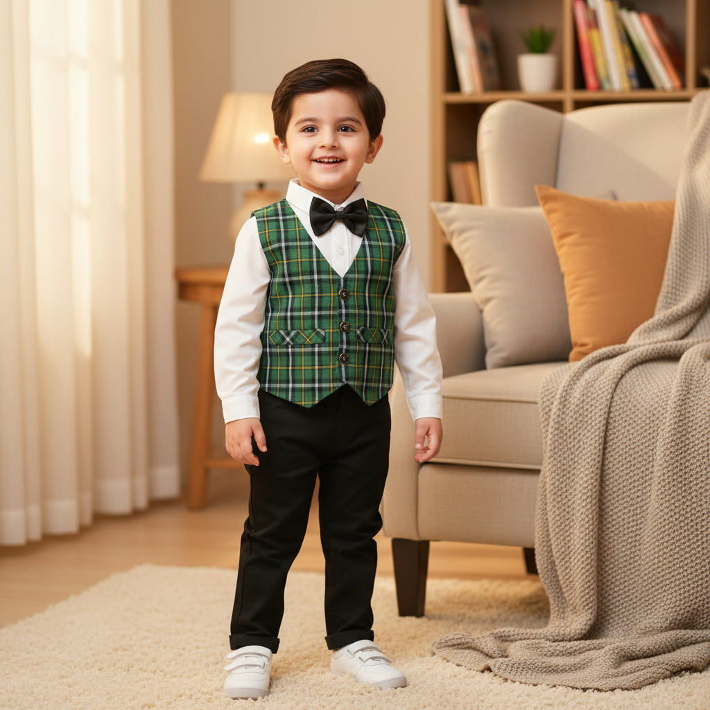 Children's clothing set including a shirt, vest, pants.