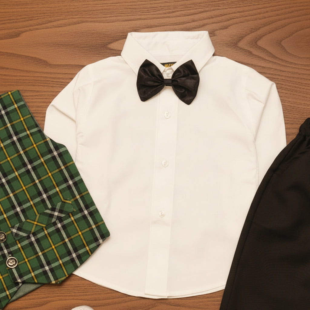 White shirt with black bow tie, green plaid waistcoat.