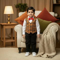 Children's clothing set with white shirt, plaid shorts, black pants, red bow tie.