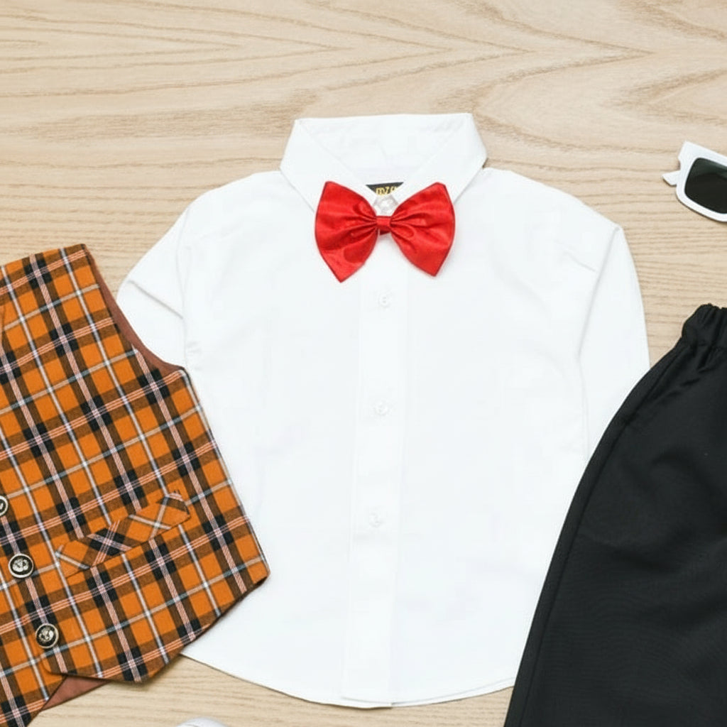 White shirt with a red bow tie, plaid orange and black pants.