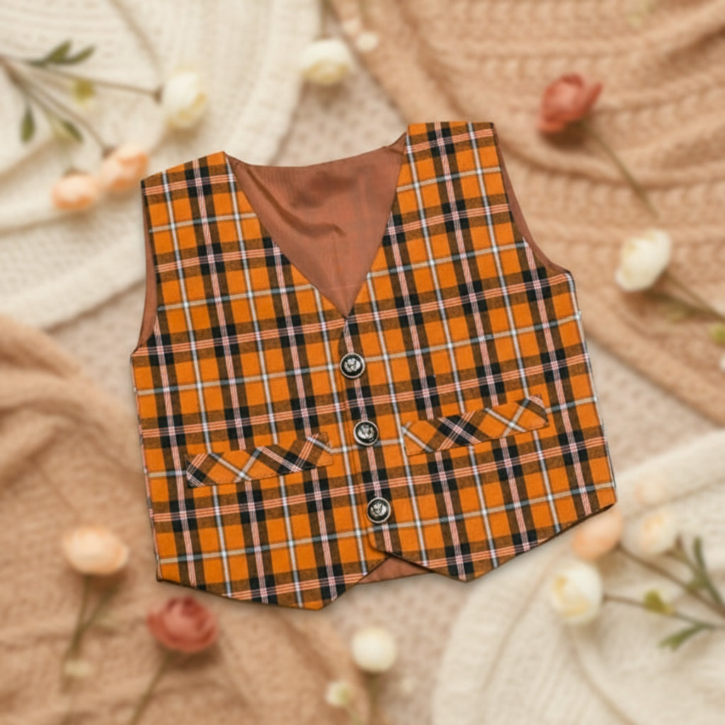 Plaid vest with orange and black pattern.
