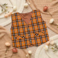 Plaid vest with orange and black pattern.