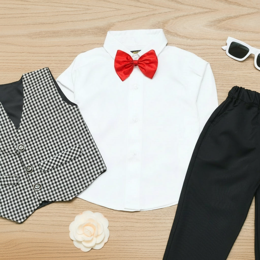 White shirt with red bow tie, black pants, checkered vest.