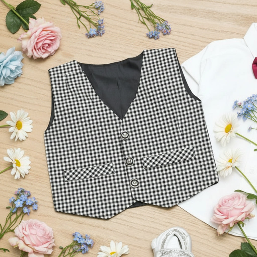 Black and white checkered vest on a wooden surface