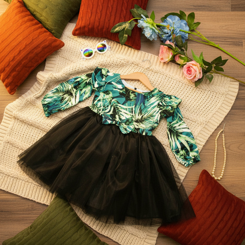 Green leaf-patterned top and black tutu skirt.