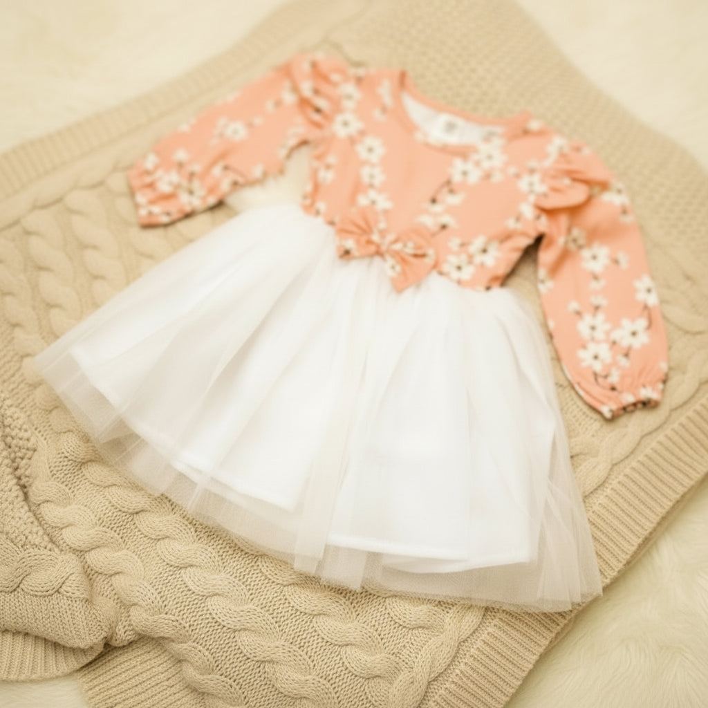 White tulle skirt with pink floral top frock dress