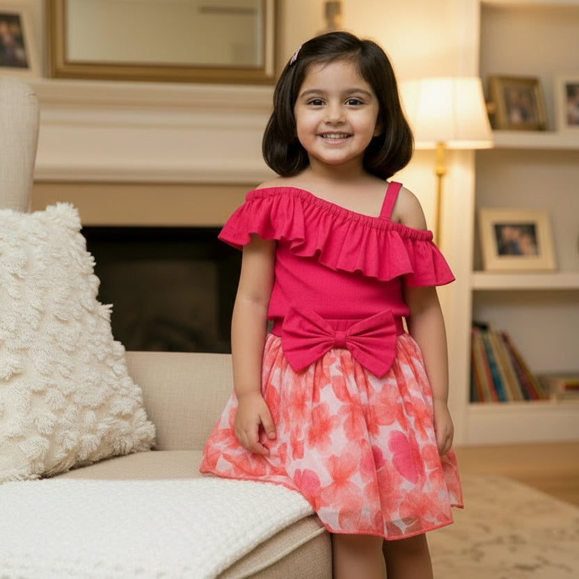 Pink top and floral skirt