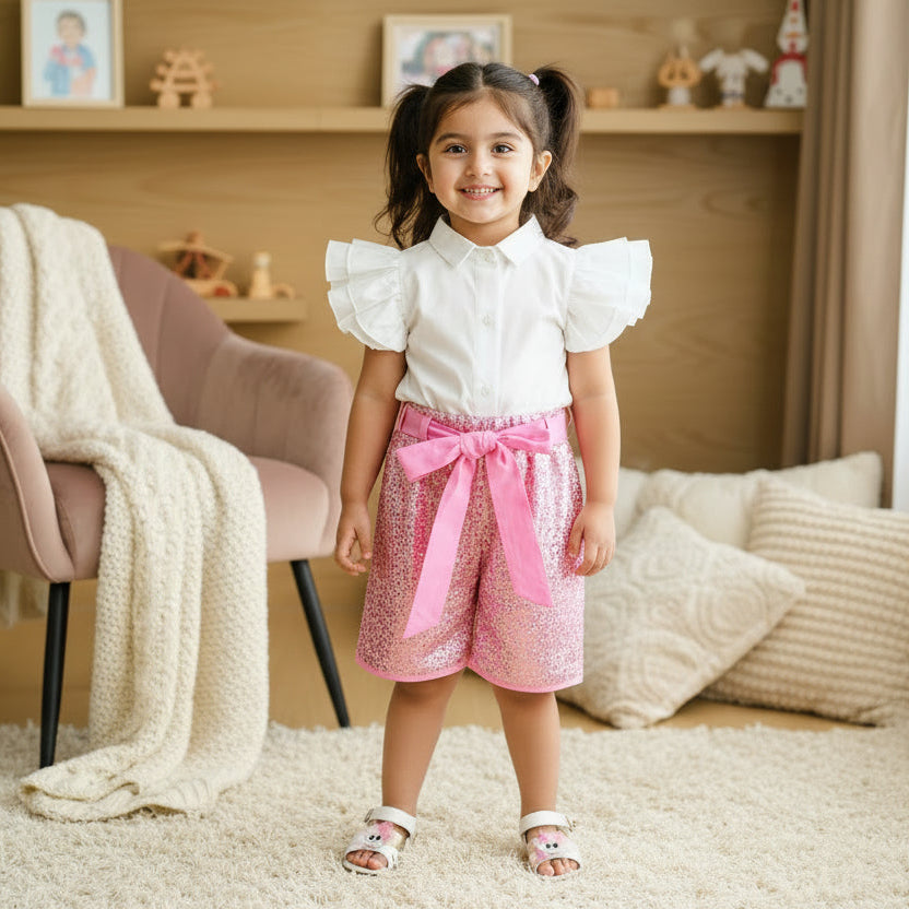 White shirt, pink sequin shorts