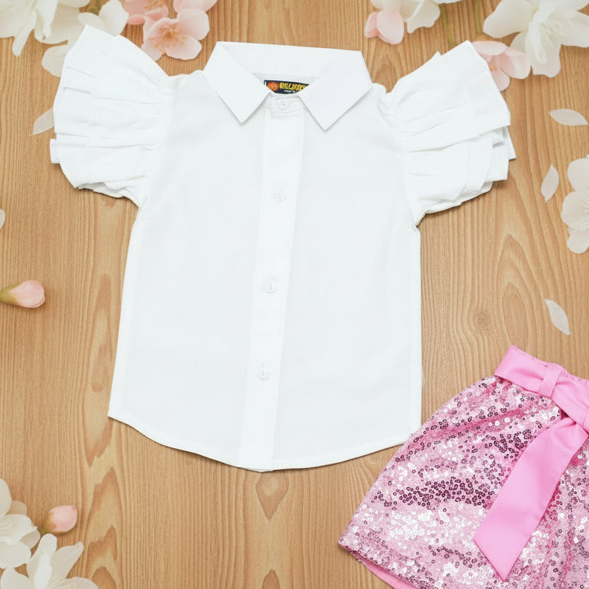 White blouse with ruffled sleeves