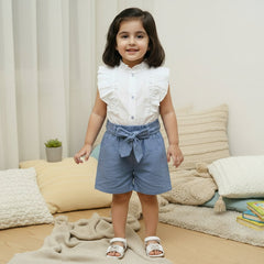 Children's outfit with blue shorts, white shirt
