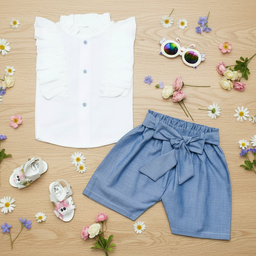 Children's outfit with blue shorts, white shirt