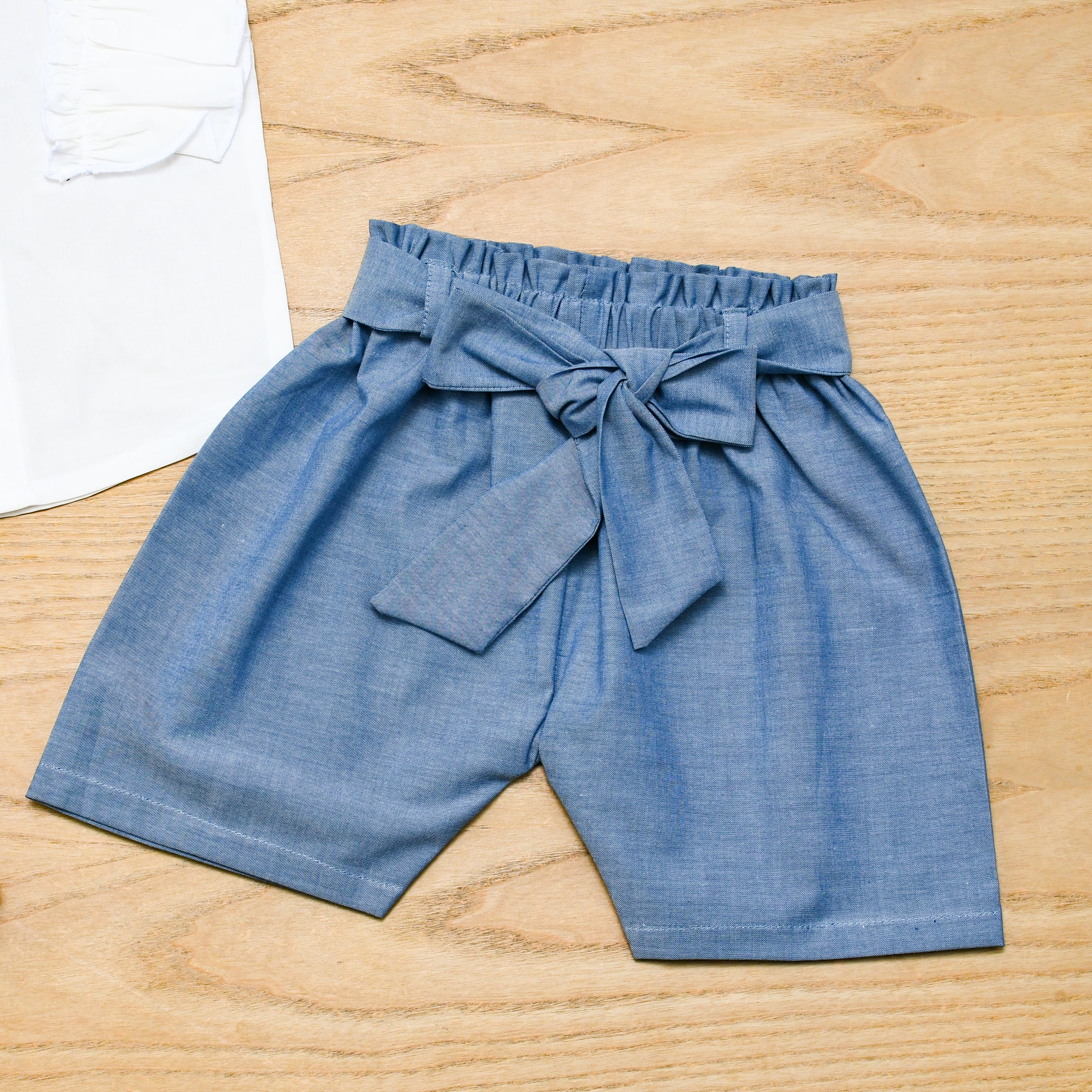 Girls Ruffle Sleeve Button Top & Blue Denim Tie-Waist Shorts Set (3 Months to 4 Years)