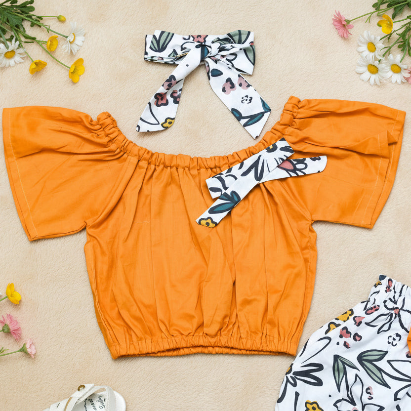 Mustard off-shoulder top with floral hairbands 