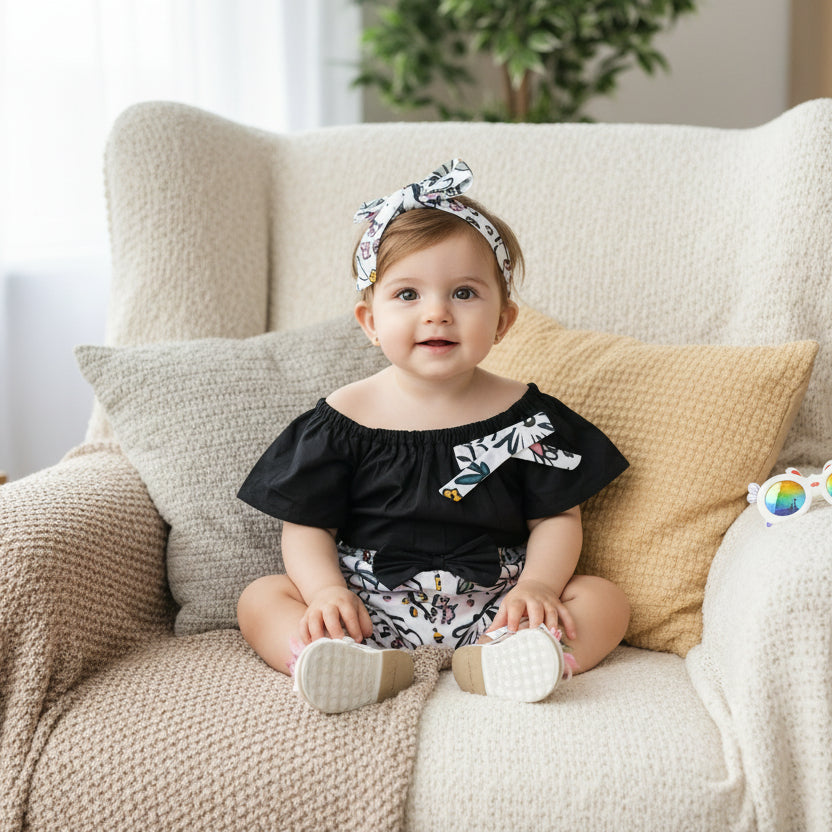 Black top, floral shorts