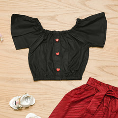 Black off-shoulder top with red heart buttons